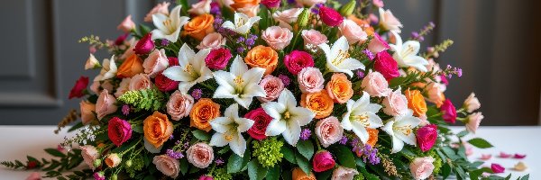 Stół, Kwiaty, Róże, Kolorowe, Bukiet, Płatki, Lilie