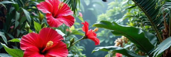 Rozwinięte, Kwiaty, Czerwone, Liście, Hibiskus