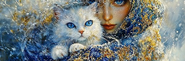 Biały, Niebieskie, Oczy, Kobieta, Grafika, Kot, Chusta