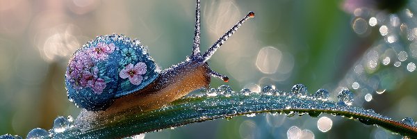 Trawa, Muszla, Grafika AI, Rosa, Kwiaty, Źdźbło, Krople, Ślimak