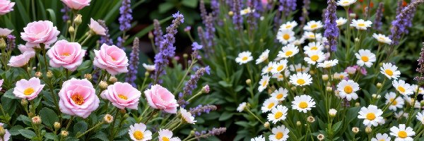 Kwitnące, Róże, Kwiaty, Lawenda, Margerytki