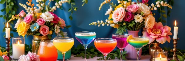 Świece, Kieliszki, Kwiaty, Drinki, Kolorowe, Wazony, Bukiety