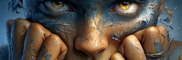 Rysunek, Dłonie, Niebieski, Grafika AI, Spojrzenie, Dziewczyna