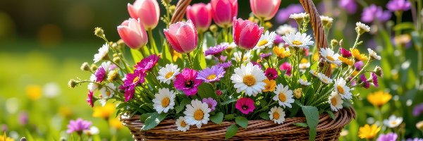 Kwiaty, Tulipany, Kolorowe, Koszyk, Wiklinowy