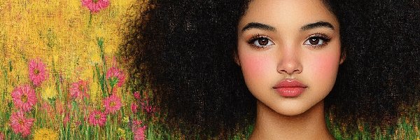 Kobieta, Włosy, Kręcone, Kwiaty, Afro