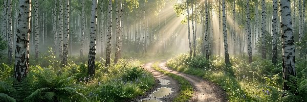 Las, Kałuża, Brzozy, Przebijające światło, Droga