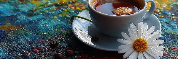 Grafika AI, Margerytka, Ziarna, Filiżanka, Kawa, Obrus, Kolorowy